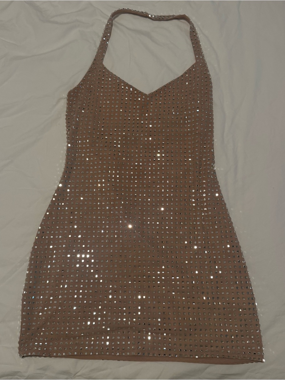 White Fox Halter Mini Dress in Nude